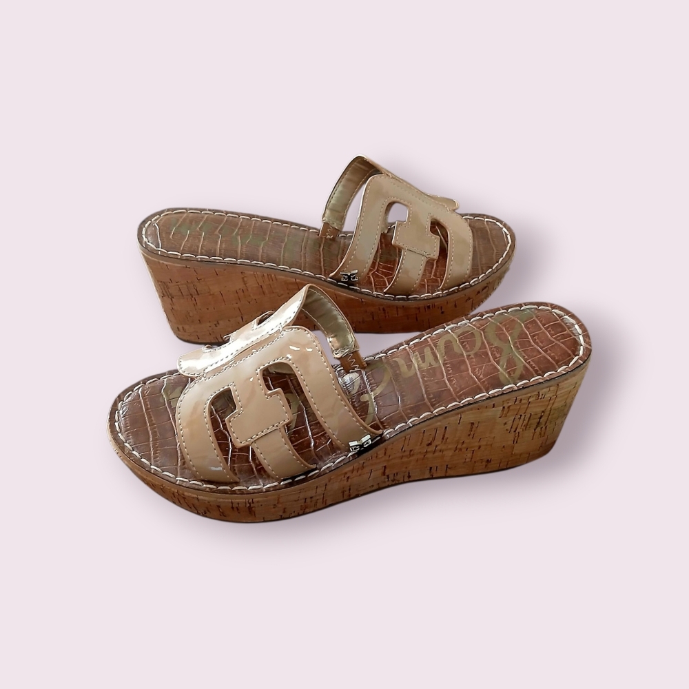 Sam Edelman Cork Wedge Sandals Size 7 - Glossy Beige - Picture 3 of 3